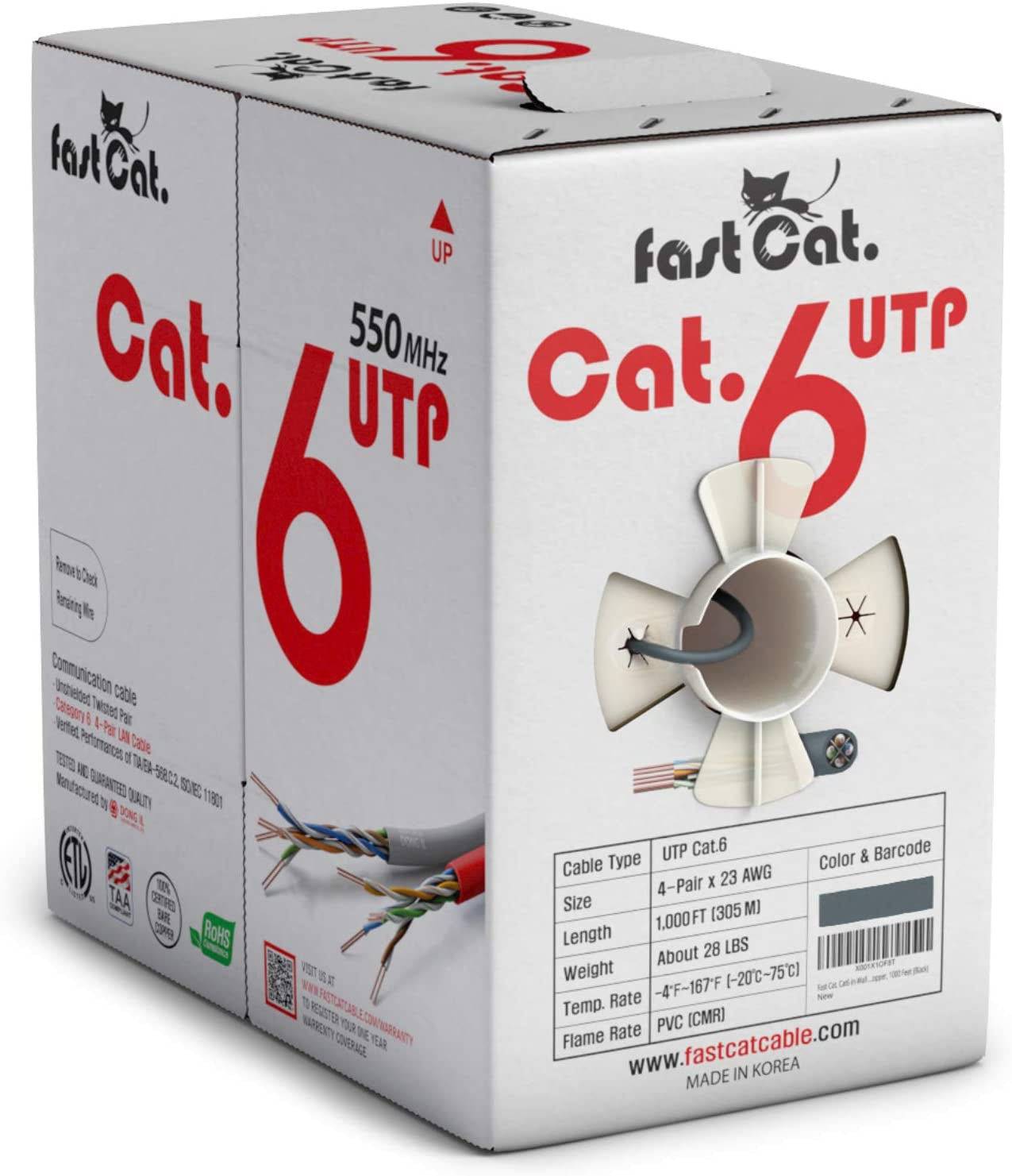 Cat6 Gray Pure Copper Ethernet Cable 1000Ft - 23 AWG, CMR, Insulated Solid Bare Copper Wire Internet Cable with Noise Reducing Cross Separator - 550MHZ / 10 Gigabit Speed UTP LAN Cable